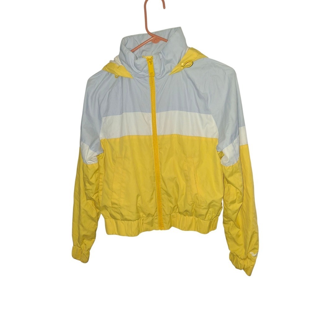 Hollister Women's Yellow White Cropped Hooded Full Zip Windbreaker Size Small